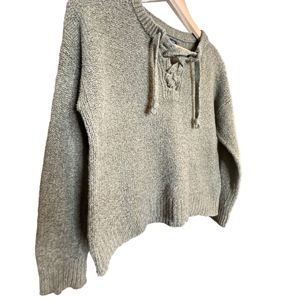 American Eagle Olive Green, LaceUp Cropped Y2k 90’s Casual Everyday Sweater sz M - Picture 12 of 14